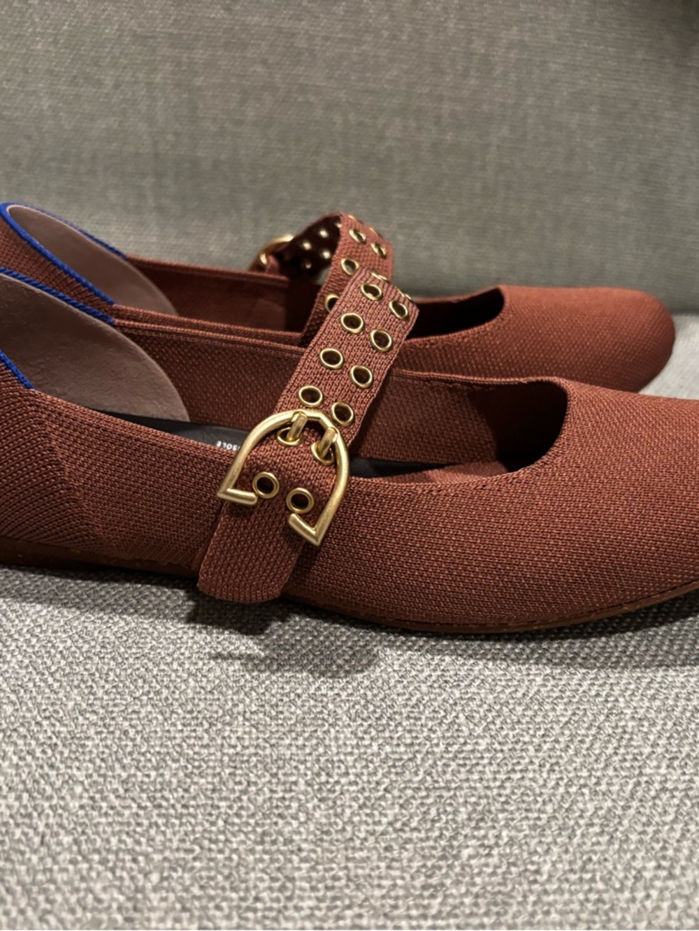 Rothy's Chestnut Brown Knit Mary Jane Flats with Gold Eyelets - Picture 3 of 7